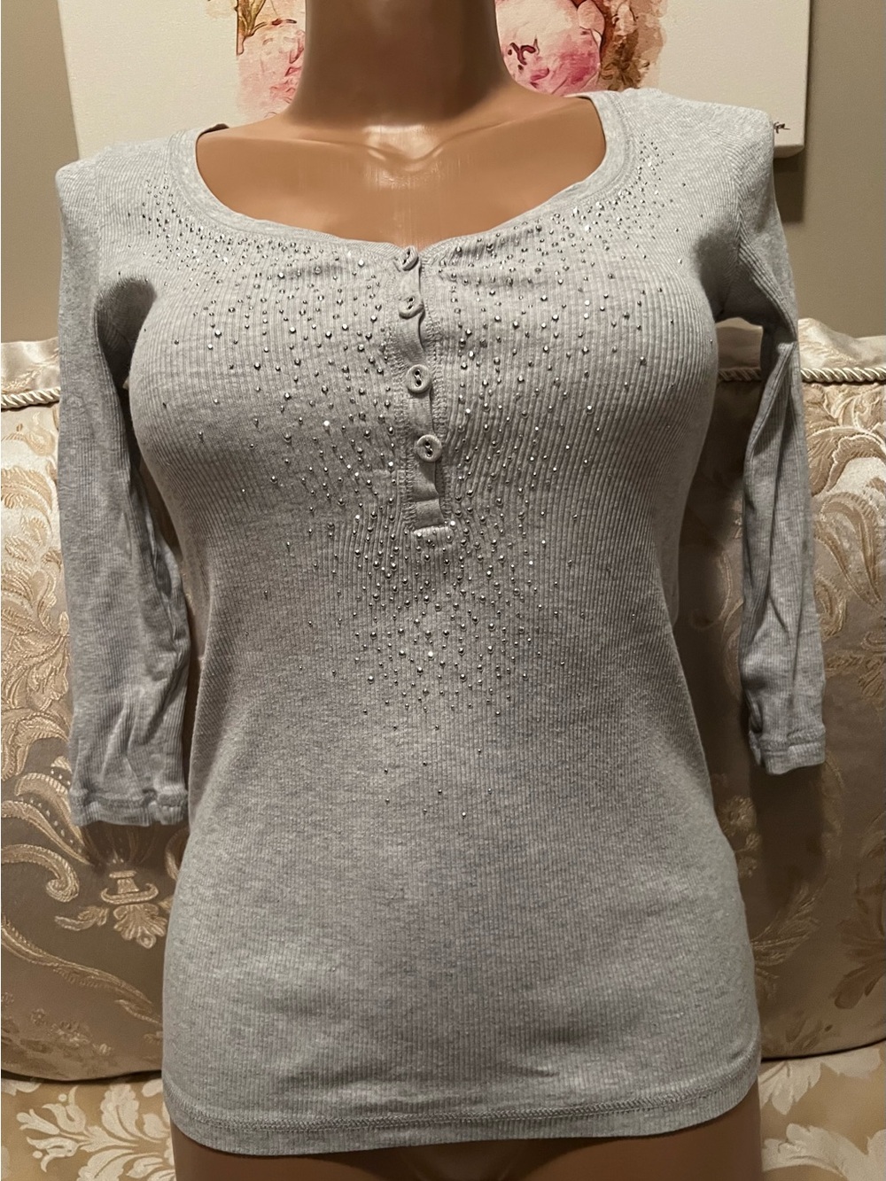 Light Gray Ribbed Top with Delicate Rhinestones & Beads